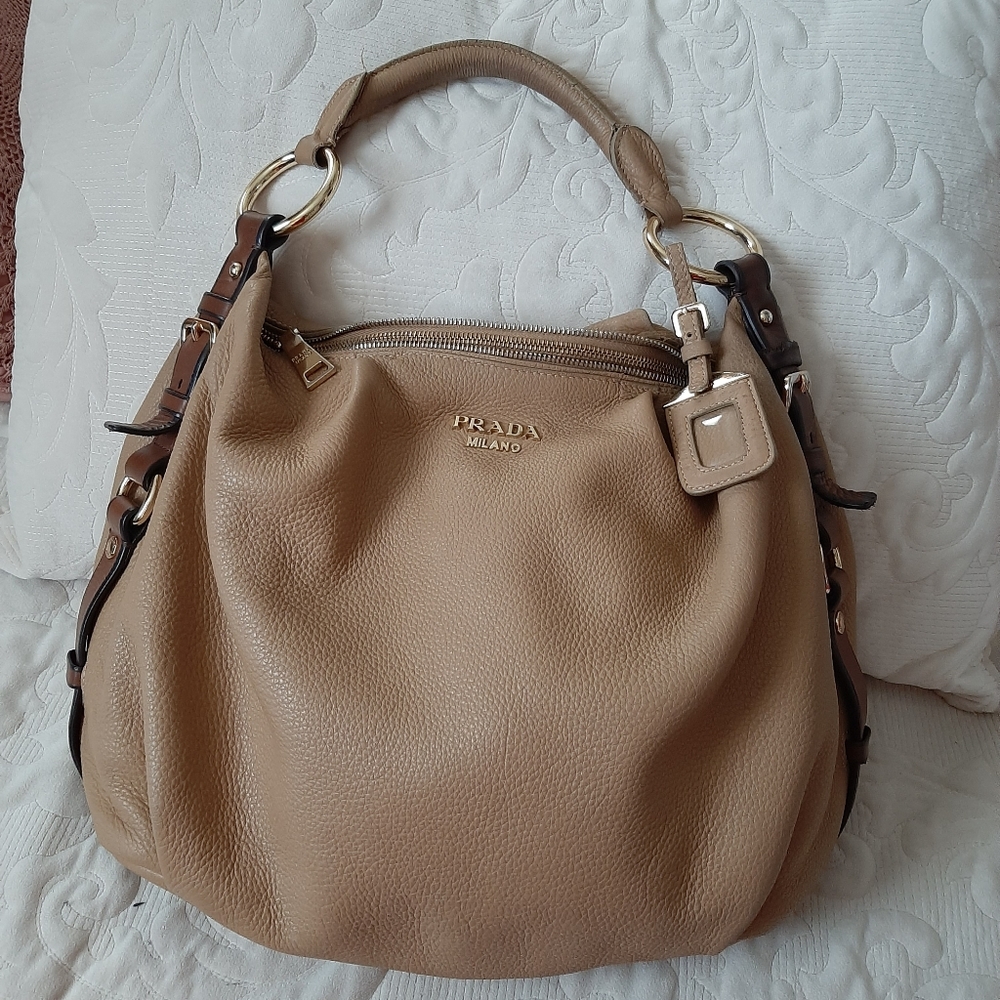 Prada Beige Leather Hobo Bag with Gold Hardware